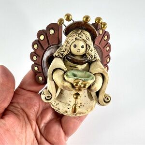 El Palomar Garden Angel Figurine Gold Crown Rustic Clay Art Pottery S. America
